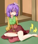  barefoot blush collarbone cramp denpa flower futomashio hair_ornament hieda_no_akyuu highres japanese_clothes long_sleeves open_mouth purple_eyes purple_hair short_hair sitting solo tears touhou violet_eyes yokozuwari 