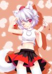  &gt;_o &lt;3 1girl :p absurdres animal_ears arm_up blush female hair hat heart highres inubashiri_momiji langlong navel red_eyes shadow short_hair skirt solo thigh-highs thigh_highs thighhighs tokin_hat tongue tongue_out touhou white_hair white_legwear wink wolf_ears 