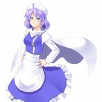  absurdres apron blue_eyes cape futomashio hat highres letty_whiterock long_sleeves puffy_sleeves purple_hair short_hair smile solo touhou white_background 