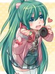  alternate_hairstyle green_eyes green_hair hatsune_miku headphones headphones_around_neck heart holding_headphones long_hair looking_at_viewer necktie open_mouth ponytail project_diva project_diva_f shinyae skirt smile solo sweater thigh-highs thighhighs very_long_hair vocaloid zettai_ryouiki 