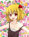  blonde_hair bust hair_ribbon off_shoulder open_mouth outstretched_arms red_eyes ribbon rumia side_ponytail smile solo strap_slip tori_(minamopa) touhou 