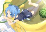  alternate_hairstyle blue_eyes blue_hair bow cirno grin hair_bow highres leg_up looking_at_viewer lying on_stomach ponytail pool rubber_duck sakurea school_swimsuit short_hair slippers smile solo swimsuit swimsuit touhou water water_hose wet 