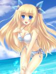  1girl :d bikini blonde_hair blue_eyes blush breasts cleavage large_breasts long_hair open_mouth original sakai_sakae side-tie_bikini smile solo splash splashing swimsuit thigh_gap twintails two_side_up 