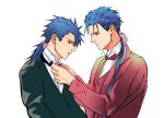  adjusting_tie blue_hair bowtie dual_persona fate/prototype fate/stay_night fate_(series) formal kireru lancer lancer_(fate/prototype) long_hair male multiple_boys ponytail red_eyes suit 