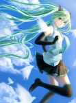  1girl bird boots clouds detached_sleeves elbow_gloves gloves green_eyes green_hair hatsune_miku highres long_hair skirt sky solo thigh-highs thigh_boots twintails very_long_hair vocaloid xianchyj 