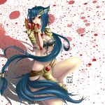  1girl airena animal_ears armor belt blood blood_splatter blue_hair breasts cleavage earrings fang genderswap hair_ornament jewelry league_of_legends licking long_hair midriff red_eyes shadow signature teemo tongue very_long_hair warwick 