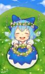  ahoge blue_dress blue_hair blue_sky blush cirno closed_eyes cloud clouds dress eyes_closed flower flower_on_head flower_wreath grass hair_ornament head_wreath himaya open_mouth outstretched_arms shirt short_hair short_sleeves sky smile solo touhou translated translation_request wings 