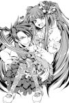  1boy 1girl bow carrying dress flower frills furudo_erika grin hair_flower hair_ornament heart mary_janes monochrome open_mouth pantyhose princess_carry print_legwear rose ruka_(tksg8107) scythe shoes smile sweat twintails umineko_no_naku_koro_ni ushiromiya_battler 