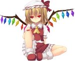  ascot blonde_hair bloomers blush crystal flandre_scarlet hat hat_ribbon ixen-fei puffy_sleeves red_eyes ribbon short_hair short_sleeves side_ponytail sitting skirt slit_pupils solo touhou wings 