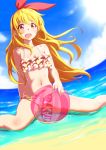  1girl aikatsu! ball bare_shoulders beach beachball bikini blonde_hair clearite clouds floral_print frilled_bikini frills hair_ribbon hoshimiya_ichigo long_hair navel ocean open_mouth red_eyes ribbon sand side-tie_bikini sitting solo sunlight swimsuit wariza water wind 