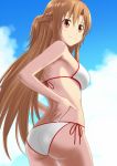  1girl ass asuna_(sao) bikini braid brown_eyes brown_hair cap_(artist) cloud from_behind hands_on_hips long_hair side-tie_bikini sky smile solo swimsuit sword_art_online white_bikini yuuki_asuna 