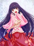  bug_(artist) dress head_tilt highres houraisan_kaguya japanese_clothes laughing long_hair looking_at_viewer pointing purple_hair red_eyes solo touhou 