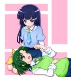  2girls :d aoki_reika blue_eyes blue_hair blush bow green_eyes green_hair hair_bow lap_pillow long_hair long_sleeves midorikawa_nao multiple_girls necktie nokokopopo open_mouth ponytail precure school_uniform skirt sleeves_rolled_up smile smile_precure! sweater_vest 