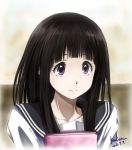  black_hair book bust chitanda_eru dated highres hyouka kem_kem long_hair purple_eyes school_uniform serafuku signature smile violet_eyes 