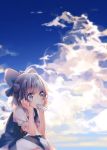  blue_dress blue_eyes blue_sky bow cirno cloud clouds dress hair_bow head_rest mouth_hold namie-kun popsicle puffy_sleeves shirt short_hair short_sleeves sitting sky solo touhou wings 