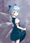  blue_eyes blue_hair blush bow cirno dress dress_lift from_behind hair_bow highres ice ice_wings looking_back short_hair skirt_hold smile solo tometo touhou wings 
