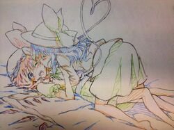  bed colored_pencil_(medium) flandre_scarlet hat heart heart_of_string ino_(flag1790) komeiji_koishi licking lying multiple_girls short_hair string touhou traditional_media wince yuri 