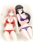  2girls akihisa201 bikini black_hair blue_eyes breast_hold breasts chiaki_kurihara cleavage crossed_arms female glasses katou_marika large_breasts long_hair lowleg lowleg_bikini miniskirt_pirates multiple_girls pink_hair side-tie_bikini swimsuit yellow_eyes 