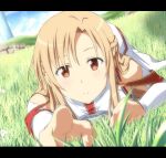 armor asuna_(sao) bare_shoulders braid brown_eyes brown_hair flower grass letterboxed long_hair looking_at_viewer lying nori_tamago on_stomach outstretched_arm pointing pov sky smile solo sword_art_online 