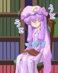  blush book bookshelf chair closed_eyes crescent eyes_closed futomashio hat highres long_hair long_sleeves patchouli_knowledge purple_hair sitting sleeping solo touhou very_long_hair wide_sleeves 