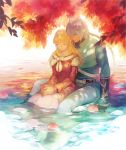  1girl aruk blonde_hair braid claire_bennett couple food fruit leaf partially_submerged silver_hair single_braid sitting tales_of_(series) tales_of_rebirth veigue_lungberg water 