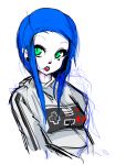  1girl black_lipstick blue_hair bust earrings green_eyes hair_in_mouth highres hoodie jewelry lipstick makeup nes nintendo original payot rough short_hair slit_pupils slugbox small_breasts solo 