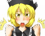  blonde_hair blush clenched_hands futomashio hat lunasa_prismriver open_mouth short_hair solo touhou white_background yellow_eyes 
