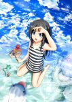  arm_up bare_shoulders black_hair blue_eyes blush cloud clouds dolphin long_hair looking_up open_mouth original palette skirt sky solo sora_freebird swimsuit turtle wading water 