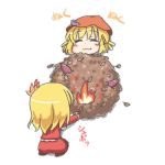  =_= aki_minoriko aki_shizuha blush flame food hat leaf long_hair lowres matches multiple_girls short_hair siblings sisters smile sweet_potato tori_(minamopa) touhou 