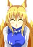  animal_ears blonde_hair blush breasts bust closed_eyes dress eyes_closed fox_ears fox_tail large_breasts merry_(diameri) multiple_tails no_hat no_headwear open_mouth short_hair solo tabard tail touhou white_dress yakumo_ran 