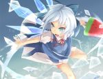  blue_dress blue_eyes bow cirno dress hair_bow open_mouth outstretched_arm outstretched_hand popsicle puffy_sleeves shirt short_hair short_sleeves silver_hair slashing solo sword touhou wakame_mi watermelon_bar weapon wings 