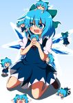  &gt;_&lt; :&lt; arms_up blue_dress blue_eyes blue_hair blush blush_stickers bow chibi chibi_on_head cirno closed_eyes do_(4-rt) dress drooling eyes_closed fang flying hair_bow highres kicking lying minigirl multiple_girls o_o on_stomach open_mouth short_hair sitting smile standing touhou wariza wings 