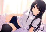  absurdres belly black_hair black_legwear buruma coffee-kizoku gym_uniform highres long_hair looking_at_viewer lying midriff navel on_side original purple_eyes scan shiramine_rika solo stomach thigh-highs thighhighs violet_eyes 