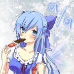  adult bag blue_dress blue_eyes blue_hair blue_nails blush bow breasts chocolate cirno cirno-nee cleavage collarbone dated dress eating hair_bow long_hair looking_at_viewer lowres mouth_hold mushi_baibai puffy_sleeves shirt short_sleeves solo touhou 