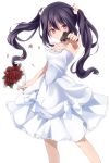 bare_shoulders black_hair bouquet collarbone dress earrings flower gun hair_flower hair_ornament handgun holding jewelry long_hair looking_at_viewer naname_(danbooru_maker) necklace original petals red_rose rose simple_background solo twintails watermark weapon web_address white_background white_dress 