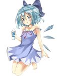  &#9320; ? bare_arms bare_legs barefoot blue_dress blue_eyes blue_hair blush bottle bow cirno collarbone dress hair_bow jumon looking_at_viewer off_shoulder open_mouth short_hair sleeveless sleeveless_dress solo strap_slip tam-out_(datam) touhou wings ã¢â€˜â¨ â‘¨ 