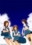  3girls bag bare_legs bob_cut bow cloud clouds eitoman english extra hair_bow hinata_sakiha looking_at_viewer multiple_girls over_shoulder school_bag school_uniform serafuku short_hair short_twintails suzuki_miharu suzumiya_haruhi_no_yuuutsu twintails yanagimoto_sumire 