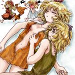  aki_minoriko aki_shizuha anger_vein bare_shoulders blonde_hair blush bottomless chibi collarbone food fruit grapes leaf lying multiple_girls nanashii_(soregasisan) no_bra no_hat no_headwear on_back running short_hair siblings sisters sleeping touhou towel 