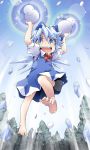  :d bare_legs barefoot blue_eyes blue_hair cirno dual_wielding feet forest ham_(points) ice jumping looking_at_viewer nature open_mouth short_hair smile snow snowman solo teeth touhou tree wings 