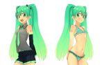  bad_id bikini detached_sleeves domo1220 green_eyes green_hair hatsune_miku highres long_hair multiple_girls navel necktie open_mouth simple_background skirt striped striped_bikini striped_swimsuit swimsuit twintails very_long_hair vocaloid white_background 