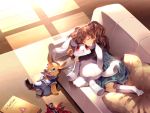  1girl action_figure book brown_hair bunny cage_-close- couch dress hair_ornament highres long_hair pillow sleeping solo spawn stuffed_animal stuffed_toy sunakumo 