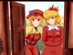  aki_minoriko aki_shizuha blonde_hair brown_eyes brown_hair bust buttons derivative_work door food fruit grapes hair_ornament hat highres leaf looking_at_viewer multiple_girls neck_ribbon opening_door pov red_eyes ribbon shirosato short_hair siblings sisters skirt skirt_set smile touhou 