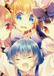  arms_up black_hair blonde_hair blue_eyes blue_hair bow brown_eyes brown_hair cirno closed_eyes crowded eyes_closed hair_bow luna_child multiple_girls namie-kun open_mouth red_eyes short_hair smile star_sapphire sunny_milk touhou wavy_mouth 