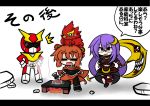  2girls animal_on_head axe belt bird bird_on_head cape cooking crescent drooling fang food glasses hair_up hand_on_hip lavender_hair letterboxed long_hair mask meat mikazuki_aoi multiple_girls navel oono_mayu pixiv_azriel red_eyes red_hair redhead translation_request weapon yanagi_(nurikoboshi) 