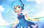  :d ahoge blue_eyes blue_hair blush cirno clouds dress ice ice_wings kane-neko open_mouth short_hair sky smile solo touhou water wings 
