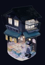  1boy absurdres animal_ears apron black_apron black_cat black_eyes black_hair black_hat black_shoes blue_gloves broom butcher_shop_(place) calico_cat cat cat_boy cat_ears cat_tail closed_mouth collared_shirt commentary_request cotono_(nazekun) fish food full_body gloves hat highres male_focus meat neko-kun_(cotono_(nazekun)) original price shirt shoes solo tail translation_request white_shirt 