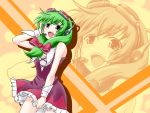 1girl alternate_hairstyle blush bow cosplay dorowa_no_hito dress frills goggles goggles_on_head green_eyes green_hair gumi hair_bow hand_on_headphones happy headphones kagiyama_hina kagiyama_hina_(cosplay) long_hair open_mouth parody skirt smile solo touhou vocaloid wallpaper wrist_cuffs