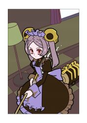 1girl apron bags_under_eyes bloody_marie_(skullgirls) border checkered_floor cleaning frown grey_hair hair_ornament highres holding_vacuum_cleaner kuroirozuki lamp looking_at_viewer maid maid_apron maid_headdress red_eyes skull_hair_ornament skullgirls solo twintails v-shaped_eyebrows white_border window