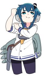  1girl blue_eyes blue_hair blue_sailor_collar bras_d'honneur clenched_hand cropped_legs dress hair_between_eyes hand_on_own_arm kantai_collection multicolored_hair neckerchief pantyhose rigging sailor_collar sailor_dress short_twintails simple_background smile solo tokitsukaze_(kancolle) tonmoh twintails white_background white_dress yellow_neckerchief 