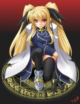  1girl blonde_hair cape fate_testarossa female long_hair looking_at_viewer mahou_shoujo_lyrical_nanoha mahou_shoujo_lyrical_nanoha_strikers panties red_eyes solo source_request t2r thigh_highs thighhighs twintails uniform zettai_ryouiki 